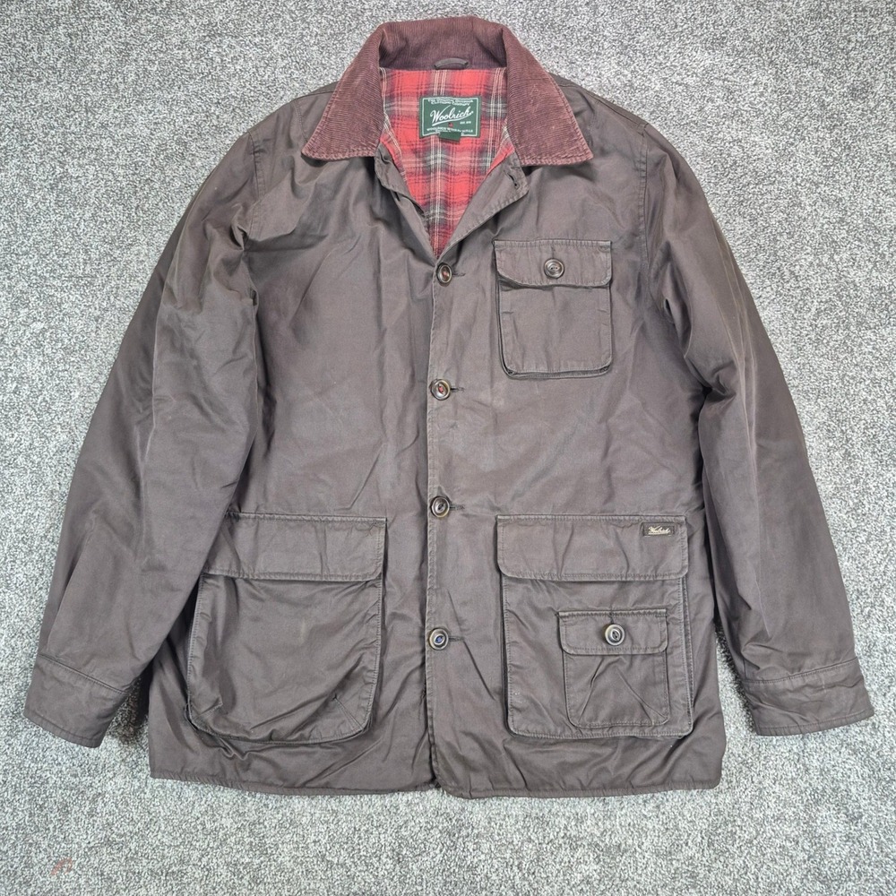 Woolrich Barn Coat Mens Large Brown Plaid Lined Corduroy Collar Chore Jacket
